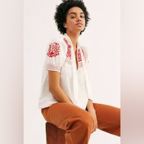 Free People Embroidered Peasant Top XS Dreaming About You Tunic Ivory and Red - Picture 7 of 7